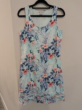 Tommy Bahama Linen Shift Mini Dress Pockets Aqua Floral Raw Hem Ruffle Size XXS